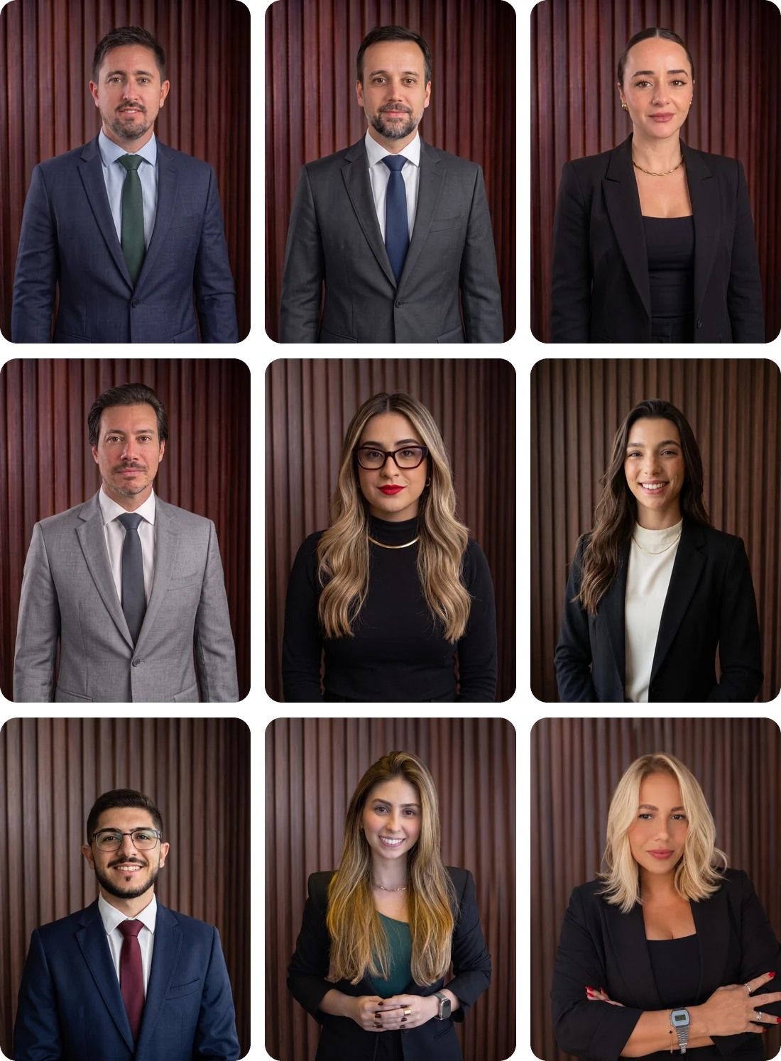 Equipe do escritório Pilli & Fanucchi Advogados: nove retratos individuais de advogados e colaboradores, em grade de três por três